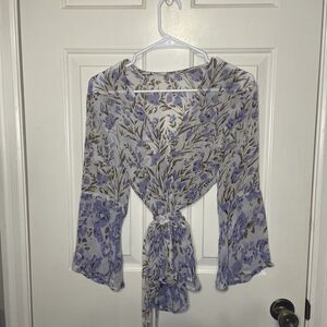 Chan Luu  Viscose Top Blouse Purple floral Faux Wrap Tie Flowy Sleeve Size M